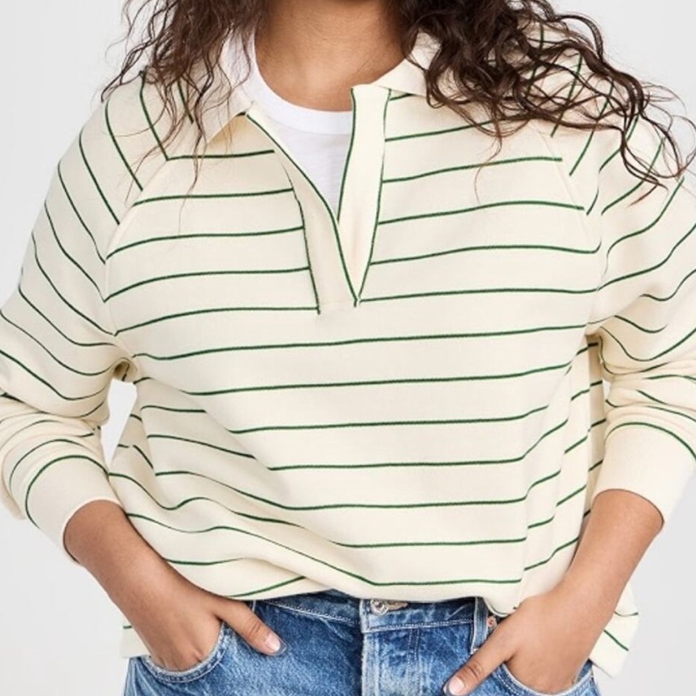 Madewell Betterterry Relaxed Fit  Polo Striped Sweatshirt Ivory/Green Medium
